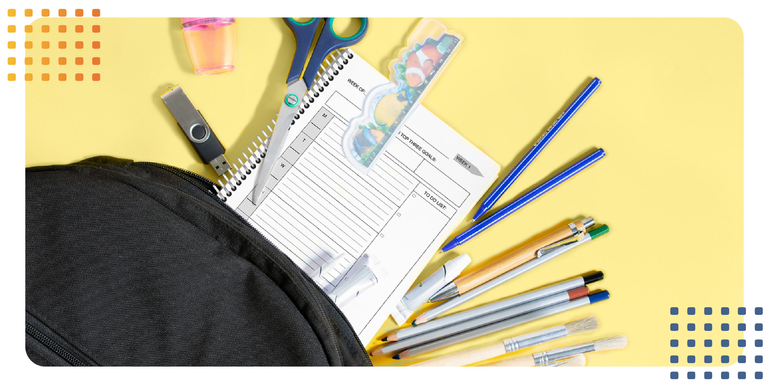 a school planner with scissors, backpack, pencils, and other school supplies