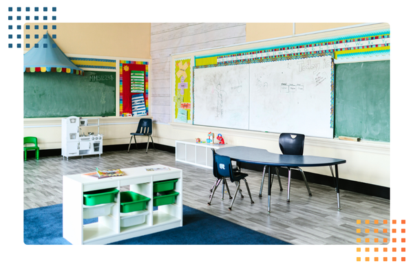 empty montessori-style classroom with space for students to explore different stations