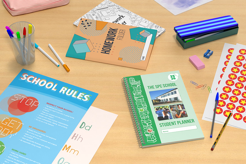 custom school planners for teachers and students on a desk